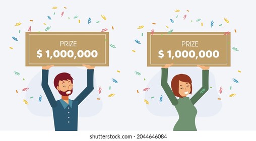 Set of man and woman win lottery,win the prize,Holding bank check,prize sign banner.Flat vector 2D cartoon character illustration.