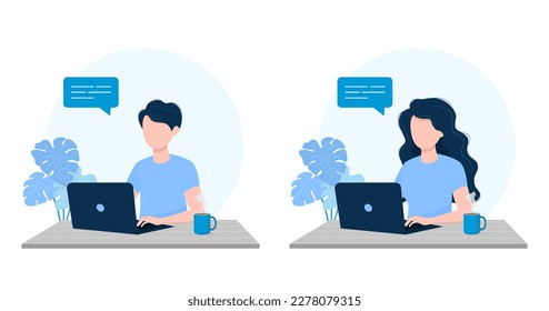 Set of a man and woman working on a computer. Beautiful vector illustration in flat cartoon style. The concept of working remotely.