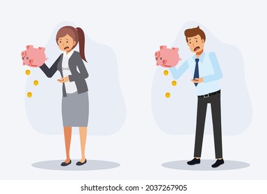 Set of man and woman is worry and shock that have no more money in piggy bank. Lack of money concept. Flat vector 2d cartoon character illustration.