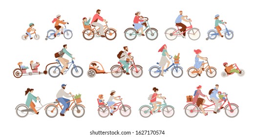 Set of man, women and children riding bicycles of different types - city, bmx, hybrid, chopper, cruiser, fixed gear, balance bike, co-pilot trailer and trailer for kids. Active family vacation.