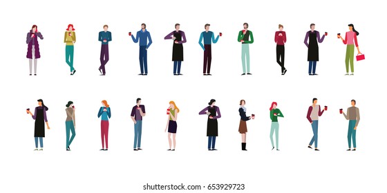 set of man and women in different poses.Man and women are drink coffee.