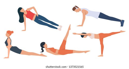 Set of man and women exercising. Group of flexible people stretching muscles and strengthening body. Vector illustration of flat cartoon characters for commercial, presentation slide, promo