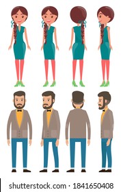 Conjunto de caracteres de hombre y mujer delante, lado y atrás. Hombre con barba en una camisa con corbata de arco. Mujer de negocios elegante y de moda, muchacha joven vestido con traje de cóctel verde ilustración de estilo plano