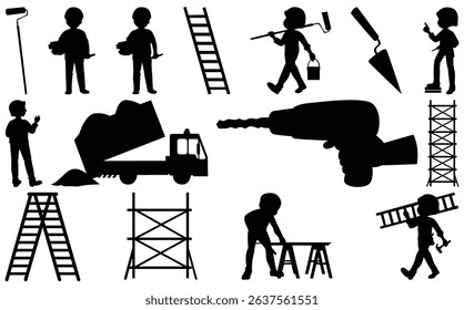 set of man worker silhouette.Big set of silhouettes of working builders.Set of eight silhouettes of construction workers.Silhouette Illustration of Construction Workers and Tools,Construction logo,