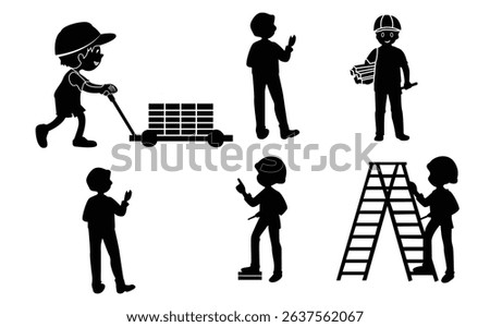 set of man worker silhouette.Big set of silhouettes of working builders.Set of eight silhouettes of construction workers.Silhouette Illustration of Construction Workers and Tools,Construction logo,