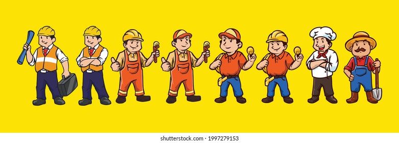 Set of man workers cartoon character mascot