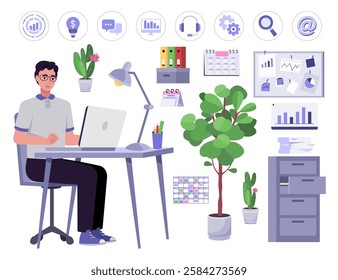 Set of a man working at a computer. Character illustration at a desk, set of icons, furniture, calendars, office supplies. Vector illustration in a flat style