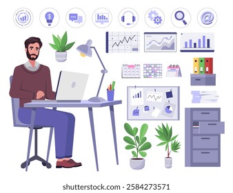 Set of a man working at a computer. Character illustration at a desk, set of icons, furniture, calendars, office supplies. Vector illustration in a flat style