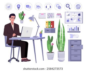 Set of a man working at a computer. Character illustration at a desk, set of icons, furniture, calendars, office supplies. Vector illustration in a flat style