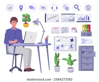 Set of a man working at a computer. Character illustration at a desk, set of icons, furniture, calendars, office supplies. Vector illustration in a flat style