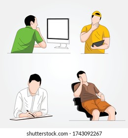Set of man working in office different poses - Vector illustration