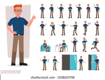 set of man working in office and presentation in various action.
