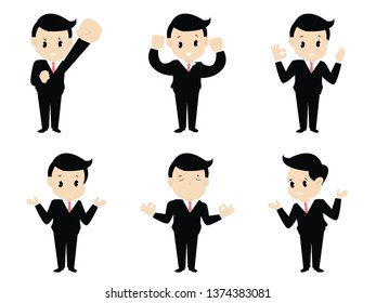 set of man working in office and presentation in various action