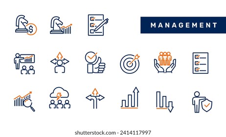 Set of management business and finance icons in two color line style. Vector illustration.