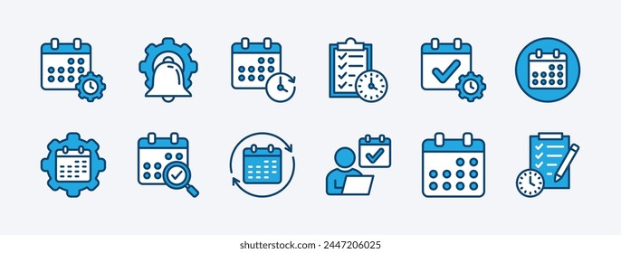 Set of management business schedule icon. Containing calendar, notification, planning, time reminder, checklist, date, agenda, deadline, diary event. Vector illustration