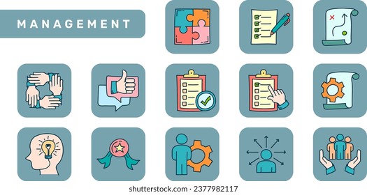Conjunto de diseño de iconos planos de administración. Colecciones de iconos del doodle de administración. Icono plano de negocio.
