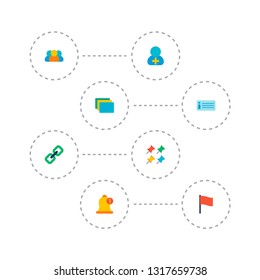 Set of management icons flat style symbols with description, different pins, members and other icons for your web mobile app logo design.