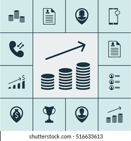 Set Of Management Icons On Cellular Data, Messaging And Employee Location Topics. Editable Vector Illustration. Includes Dollar, Coins, Increase And More Vector Icons.