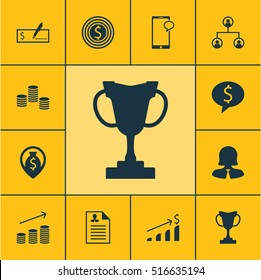 Set Of Management Icons On Coins Growth, Tournament And Curriculum Vitae Topics. Editable Vector Illustration. Includes Employee, Check, Cup And More Vector Icons.