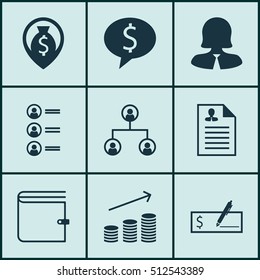 Set Of Management Icons On Job Applicants, Business Woman And Money Navigation Topics. Editable Vector Illustration. Includes Organisation, Bank, Female And More Vector Icons.