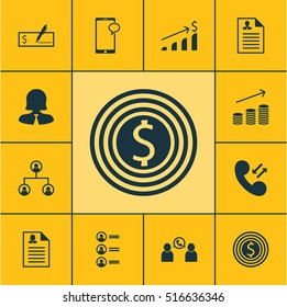 Set Of Management Icons On Phone Conference, Business Woman And Cellular Data Topics. Editable Vector Illustration. Includes Cellular, Coins, Tree And More Vector Icons.