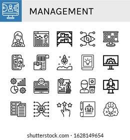 Set of management icons. Such as Management, Businesswoman, Analytics, Warehouse, Vision, Planning, Analysis, Packing list, Startup, Idea, Engeneering, Programming , management icons