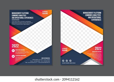 Conjunto de plantillas de volante de la plataforma de administración. diseño vertical moderno con collage diagonal de fotos. Gradiente amarillo anaranjado y blanco sobre elemento y fondo azul oscuro. 