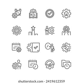 Set of management related icons, containing project, technical service, time management, compliance, data management, ranking, appointment and linear variety vectors.