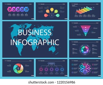Set of management or statistics concept infographic charts. Business diagrams for presentation slide templates. For corporate report, advertising, banner and brochure design.
