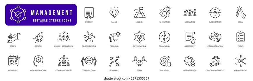 Set of management web icons line style. Schedule, strategy, human resource, management, development, planning etc. Editable stroke