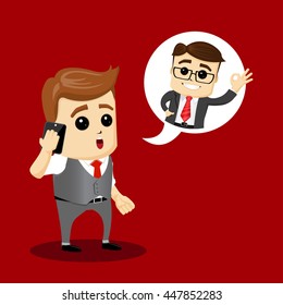 set of manager character in different interactive poses. flat illustration. talking businessman on the phone. 