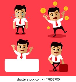 set of manager character in different interactive poses. flat person. vector character. set of businessmen happy for their success. Flat illustration.