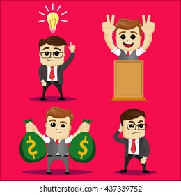 Set of manager character in various poses. Flat illustration. Earn money, holding two bags with money.