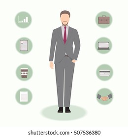 Set of manager flat figure and business icons: credit card, laptop, handshake, cup of coffee, notebook. Businessman stick on abstract background. Man in a business suit vector illustration.