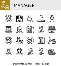 Set of manager icons. Such as Businessman, Woman, Tuxedo, Developer, Podium, Development, Employee, Training, Worker, Interview, Coach, Man, Suit, Programmer, Pilot , manager icons