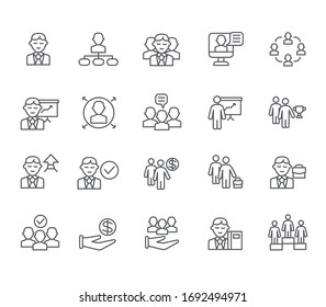 Set of manager Related Vector Line Icons. Includes such Icons as director, chief, businessman, personnel, team, business, company, audience and more.