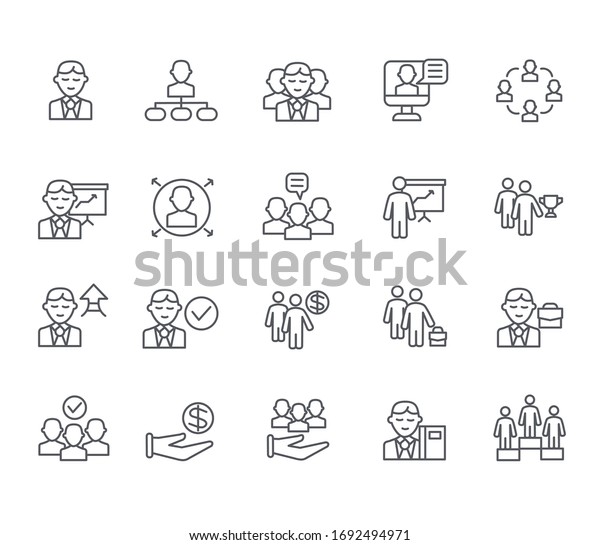 Set of manager Related Vector Line\
Icons. Includes such Icons as director, chief, businessman,\
personnel, team, business, company, audience and\
more.