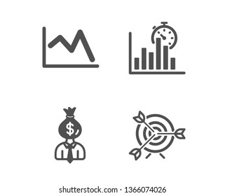 Set of Manager, Report timer and Line chart icons. Target sign. Work profit, Growth chart, Financial graph. Targeting.  Classic design manager icon. Flat design. Vector