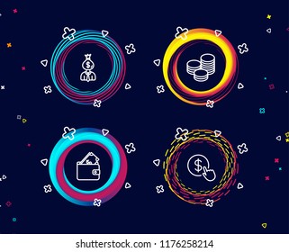 Set of Manager, Wallet and Tips icons. Buy currency sign. Work profit, Usd cash, Cash coins. Money exchange.  Circle banners with line icons. Gradient colors shapes. Vector