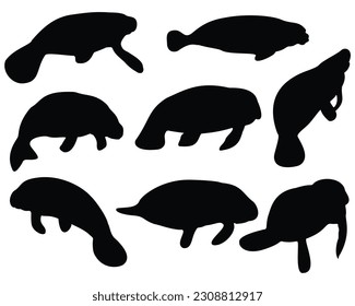 Set of Manatee Silhouette Bundle, Animal Icons, Sea life, Ocean svg