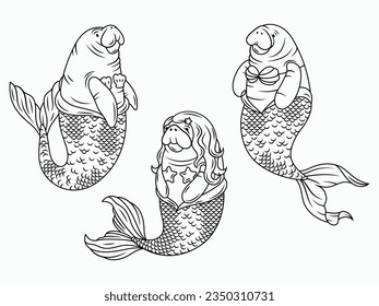 Set of manatees with mermaid tails. Collection of dugong in fairytale costumes. Funny ocean animal. Fantastic creatures. Vector illustration isolated on white background. Design for printing.