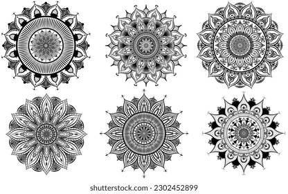 Set of mandala art isolated on a white background, mandala element for art work, yoga, meditation poster, henna, tattoo, cover page, vector art illustration, easily editable mandala icons set