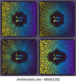 Set of mandala background cards. Vintage luxury glowing elements. Vector decorative retro greeting card or invitation design.