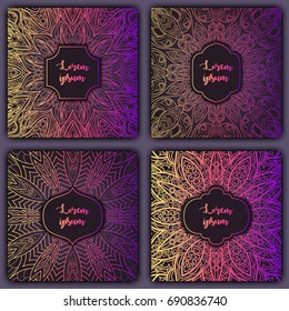Set of mandala background cards. Vintage luxury glowing elements. Vector decorative retro greeting card or invitation design.