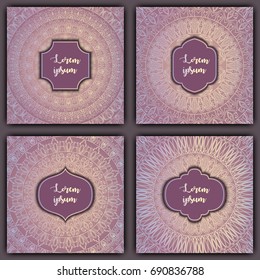 Set of mandala background cards. Vintage luxury glowing elements. Vector decorative retro greeting card or invitation design.