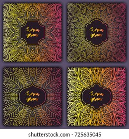 Set of mandala background cards. Vintage luxury glowing elements. Vector decorative retro greeting card or invitation design.