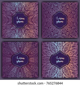 Set of mandala background cards. Vintage luxury glowing elements. Vector decorative retro greeting card or invitation design.