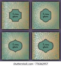 Set of mandala background cards. Vintage luxury glowing elements. Vector decorative retro greeting card or invitation design.