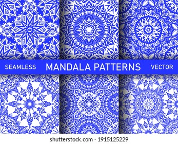 Set of mandala blue vase ceramic ornamental patterns. Collection of Asian seamless vector oriental backgrounds. Porcelain patterns for fabric, textile, cover, wrapping etc.	
