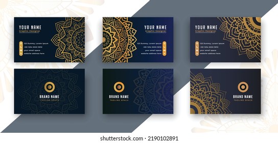 Set Of Mandala Business Card Template with black and bluish Background and Golden Color Mandala.